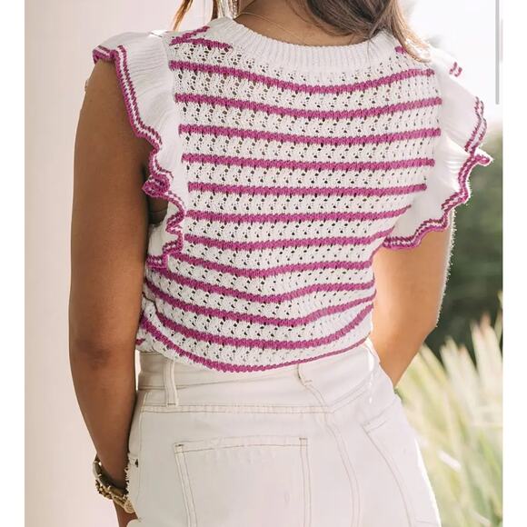 Women's Cute Summer Crochet Striped Crewneck flounce Ruffles Cap Sleeve tops S - Picture 2 of 8